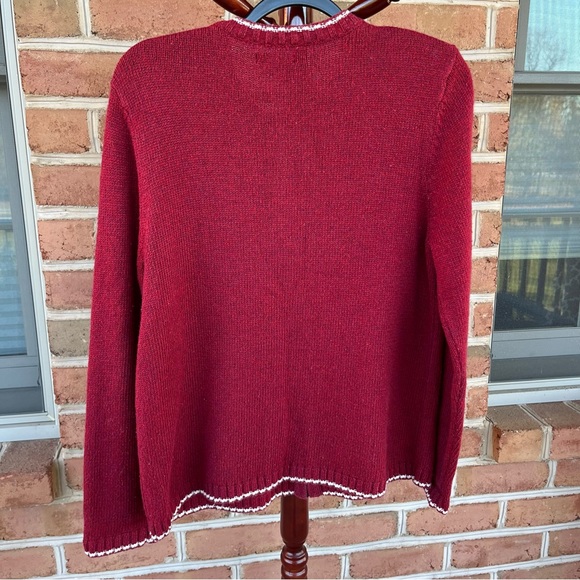 Cranberry red and white zip up cardigan sweater with birdhouses. Medium - Picture 4 of 10